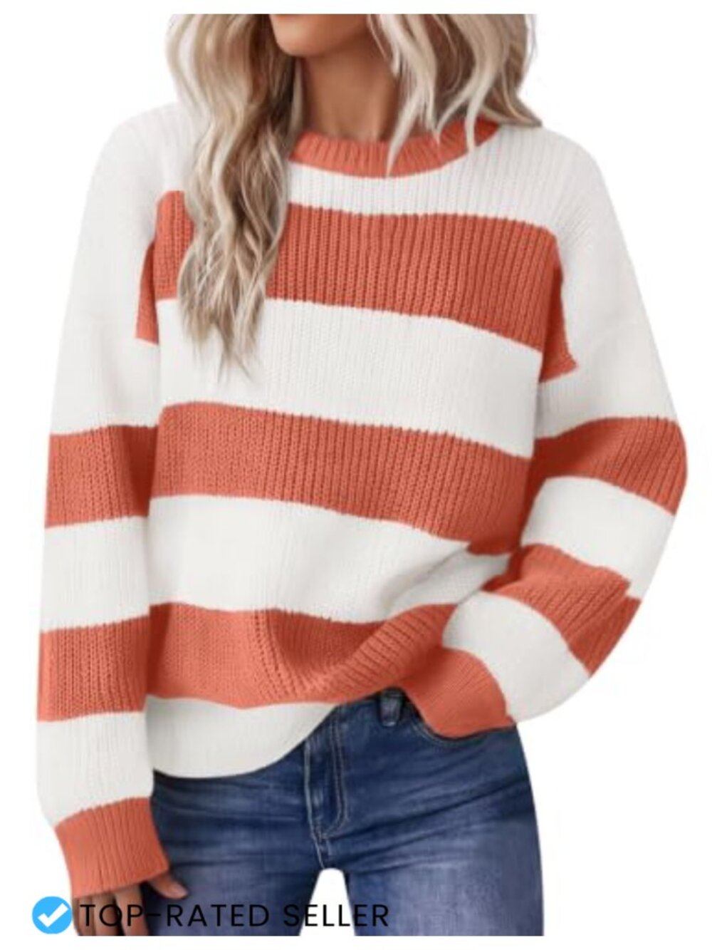 Womens Color Block Striped Sweater Loose Fit Pullover Knit Top Fall